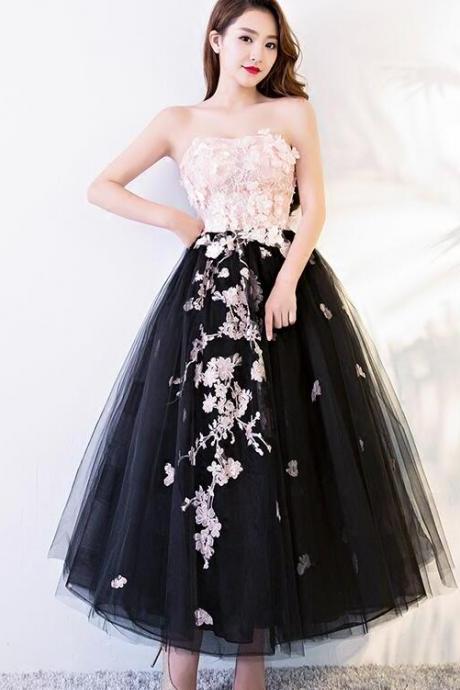 Black And Pink Tulle With Lace Flowers Formal Dress, High Quality Party Dress Formal Dress,pl4866
