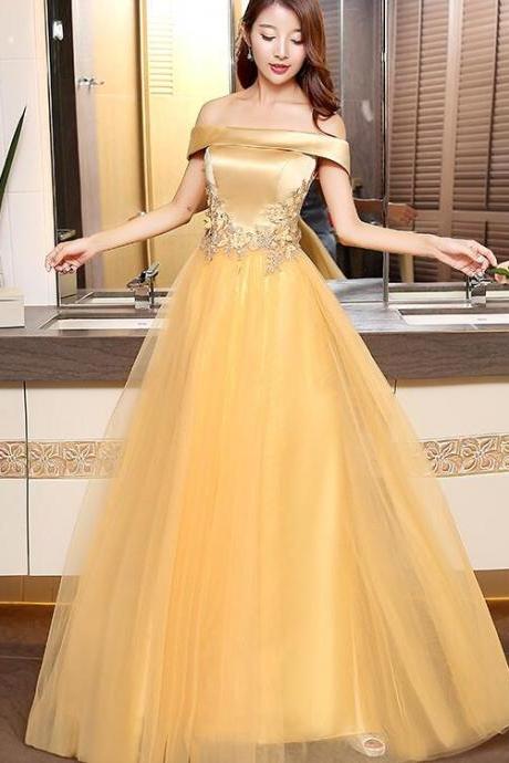 Beautiful Gold Off Shoulder Long Tulle Junior Prom Dress, Lace-up Evening Dress,pl4869