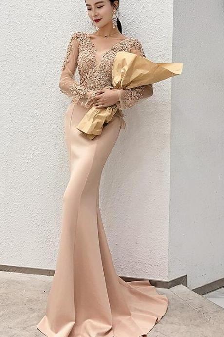 Beautiful Mermaid Champagne Long Sleeves Party Dress, Lace Applique Prom Dress,pl4870