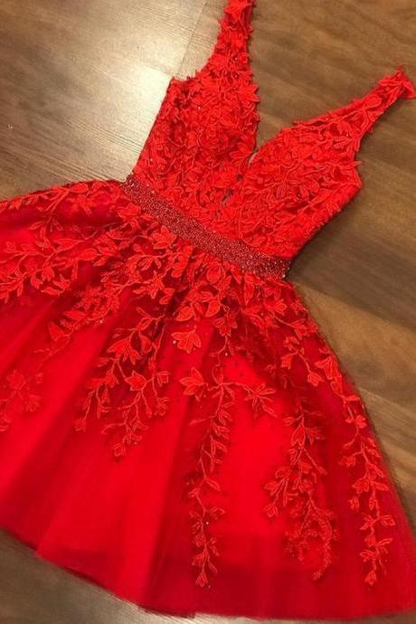 V-neck Short Prom Dress With Appliques And Beading Red Homecoming Dresses,pl4920