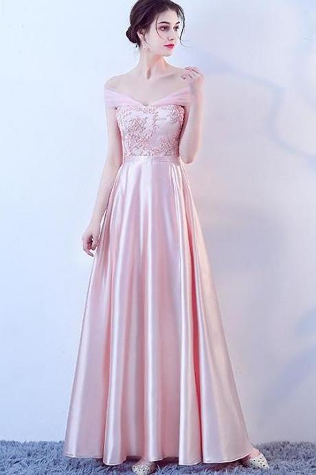 Pink Off Shoulder Lace And Satin Evening Dress, Pink Long Prom Dresss,pl4921