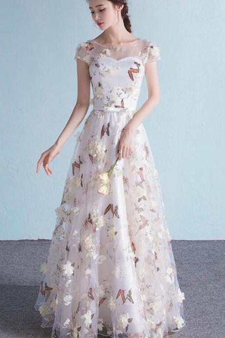 Elegant Flowers Tulle Cap Sleeves Prom Dress, A-line Long Prom Dress,pl4930