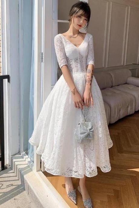 White Lace Short Sleeves Tea Length Wedding Party Dress, White Graduation Dresses,pl4932
