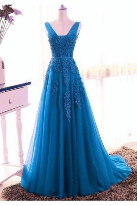 Blue Tull V-neckline Floor Length Low Back Party Dress, Blue Prom Dress Bridesmaid Dress,pl4936