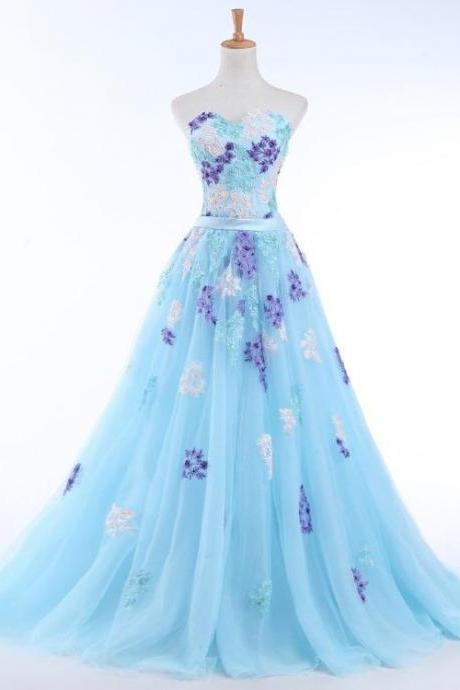 Light Blue Tulle Sweetheart Long Party Dress, Blue A-line Formal Dress With Lace Applique,pl4939