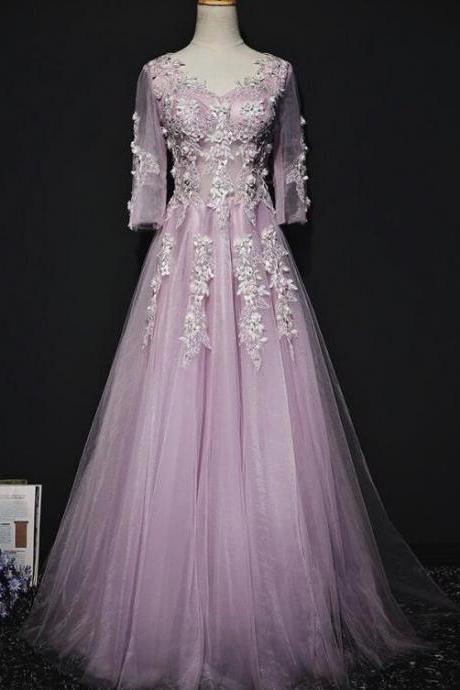 Pink Long Sleeves Tulle With Flowers V-neckline Prom Dress, A-line Pink Bridesmaid Dress Party Dress,pl4940