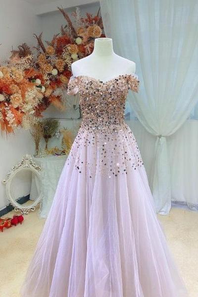 Pink Shiny Sequins Off Shoulder Tulle Ball Gown Prom Dress, Pink Long Party Dress,pl4941