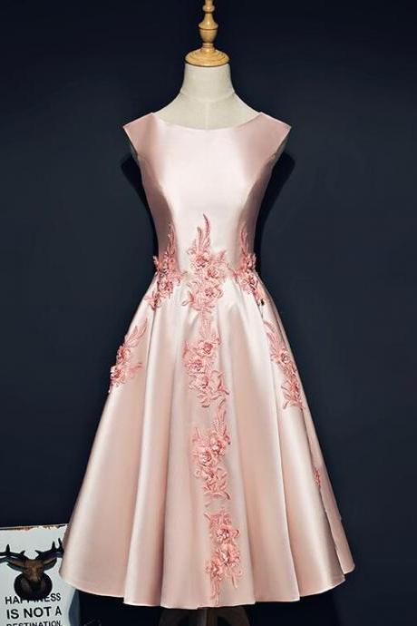 Pink Satin Knee Length Short Homecoming Dress, Pink Prom Dress Graduation Dress,pl4945