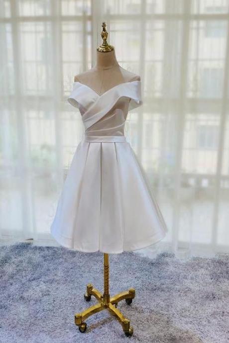 White Simple Satin Off Shoulder Knee Length Party Dress, Graduation Dress Prom Dress,pl4946