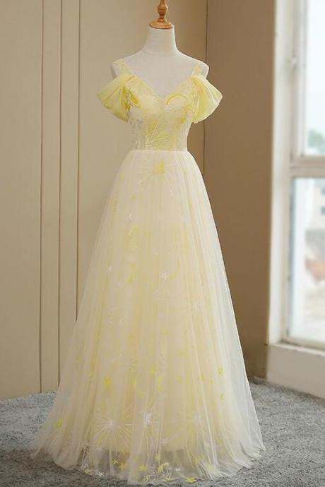 Beautiful Light Yellow Tulle Off Shoulder Evening Dress, Fashion Long Prom Dress,pl4951
