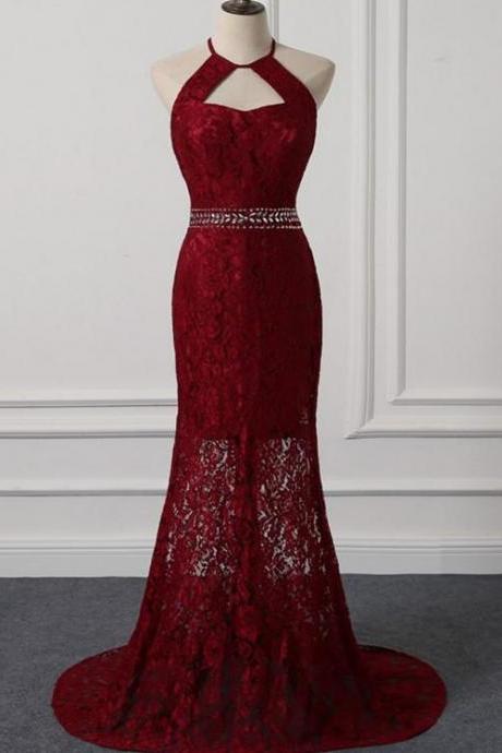 Beautiful Dark Red Lace Halter Beaded Evening Dress, Mermaid Prom Dress,pl4953