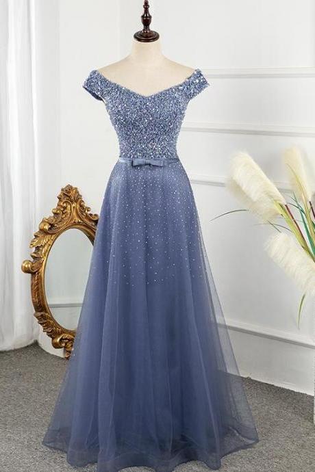 Tulle Sequins Cap Sleeves Long Party Dress, Floor Length Prom Dress,pl4954