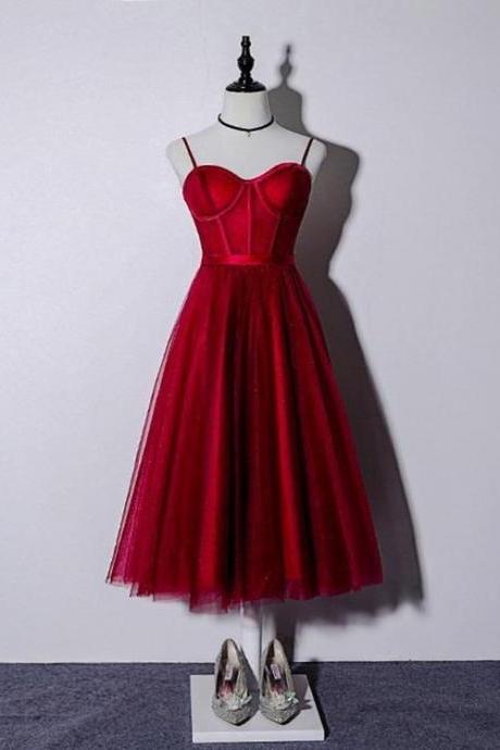 Beautiful Dark Red Tea Length Straps Wedding Party Dress, Homecoming Dress,pl4956