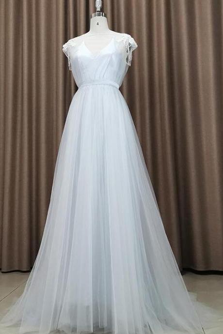Beautiful Light Grey Tulle Long Party Dress, Light Grey Evening Gown,pl4957