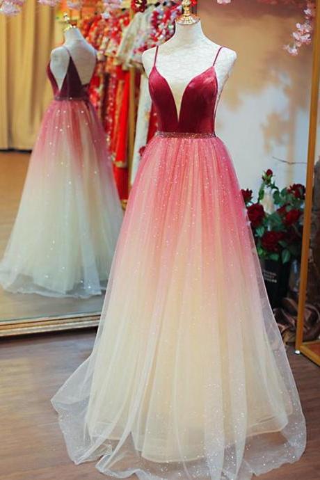 Beautiful Dark Red Tulle Long Party Gown, Straps Gradient Prom Dress,pl4959