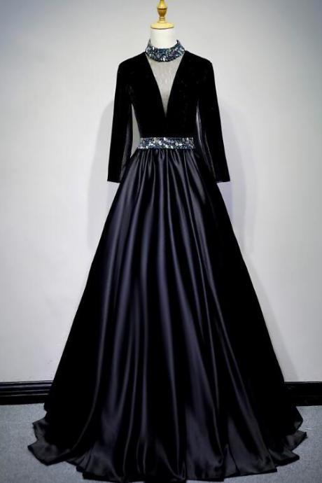 Black Satin And Velvet Long Sleeves Party Gown, Long Evening Dress,pl4961