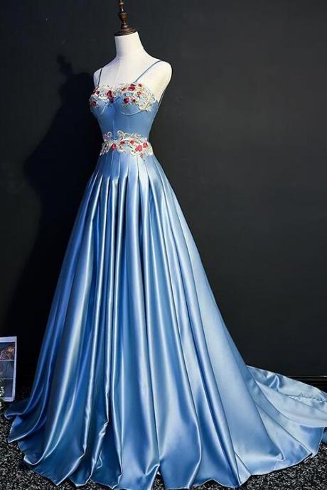 Blue Sweetheart Satin Long Party Gown With Straps, Blue Prom Dress 2022,pl4964
