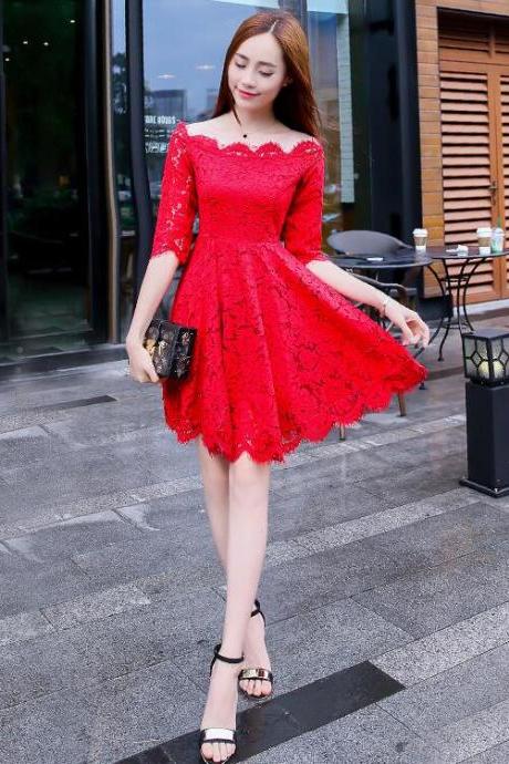 Lovely Red Lace Short Sleeves Party Dress, Chic Red Off Shoulder Homecoming Dress,pl4971