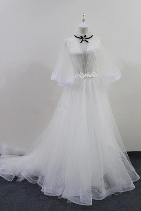 Beautiful White Tulle With Sleeves Long Party Gown, White Evening Dress,pl4973
