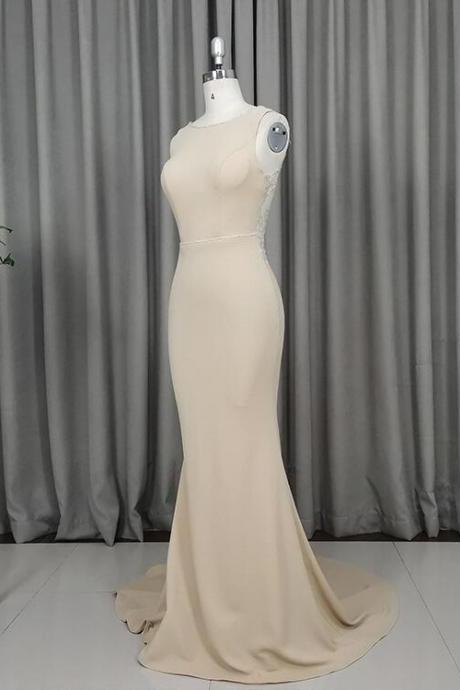 Charming Champagne Mermaid Backless Evening Gown, Lace Applique Party Dress 2022,pl4975