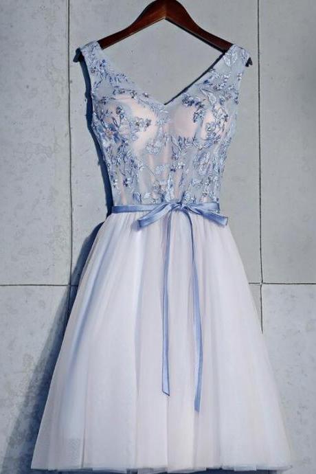 Short Blue Prom Dress A-line Homecoming Dress, V-neckline Prom Dress,pl4976