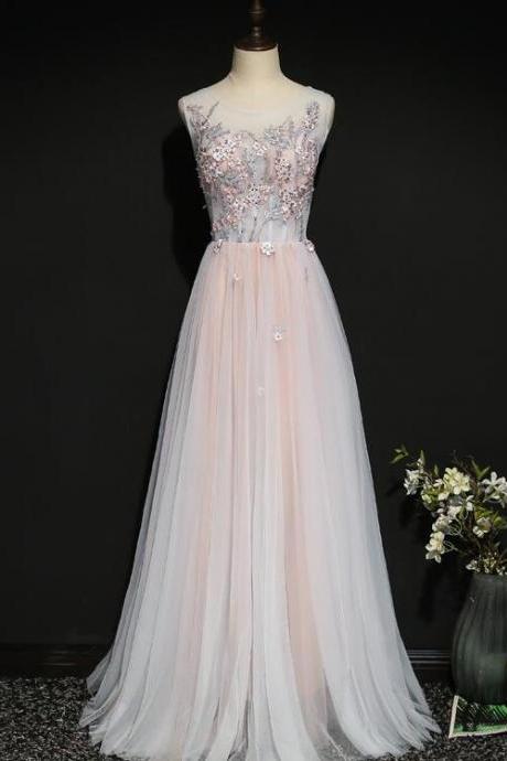 Light Pink Floral Tulle A-line Prom Dress 2022, Long Party Dress,pl4977