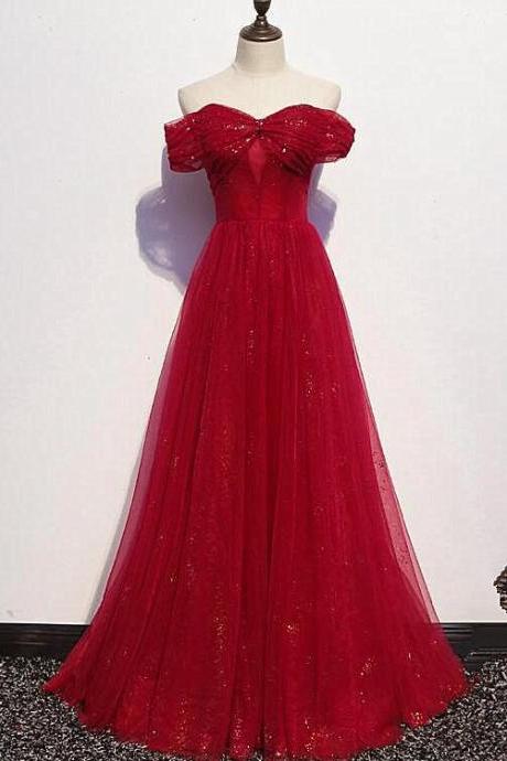Beautiful Dark Red A-line Off Shoulder Prom Gown, Wine Red Party Dress,pl4978