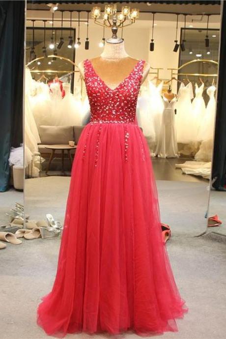 Beautiful Red Tulle Long Prom Dress 2022, A-line Beaded Party Dress,pl4981