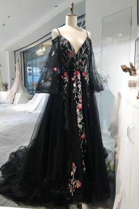 Black Long Sleeves Floor Length Formal Dress, Charming Party Dress,pl4983