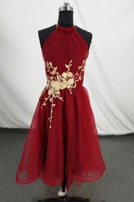 Wine Red Halter High Low Tulle Formal Dress With Gold Lace, Handmade Formal Dress,pl4987