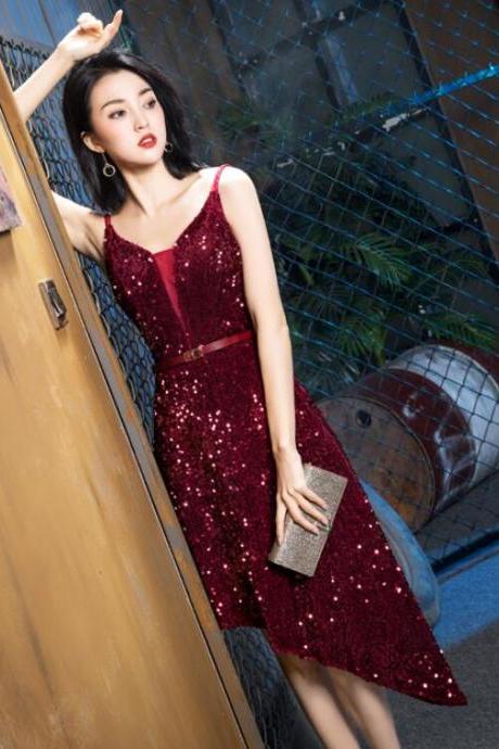 Wine Red Sequins Sexy High Low Party Dress, Sequins Evening Gowns,pl4988