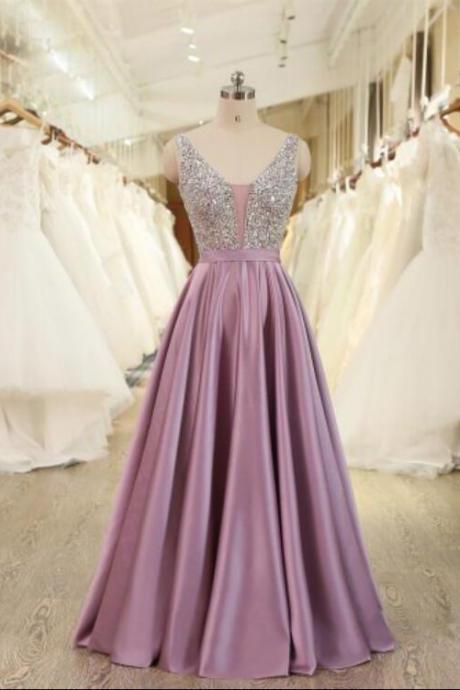 Pink Satin With Beaded V-neckline Long Party Dress, Gorgeous Formal Gowns,pl4990