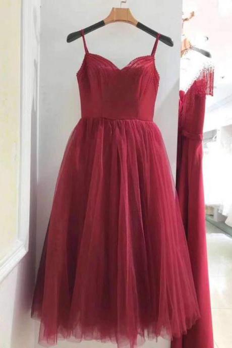 Wine Red Tea Length Sweetheart Straps Wedding Party Dress, Beautiful Formal Gowns,pl4992