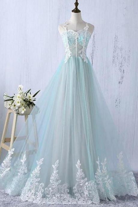 Elegant Mint Tulle A-line Straps Floor-length Appliques Long Simple Prom Dress, Wedding Party Dress,pl4993