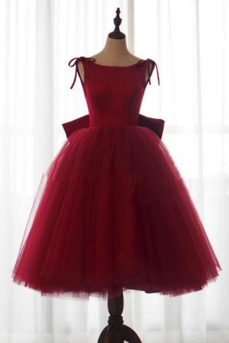 Charming Dark Red Tulle Vintage Tea Length Party Dress, Formal Dress With Bow, Lovely Party Dresse,pl4502