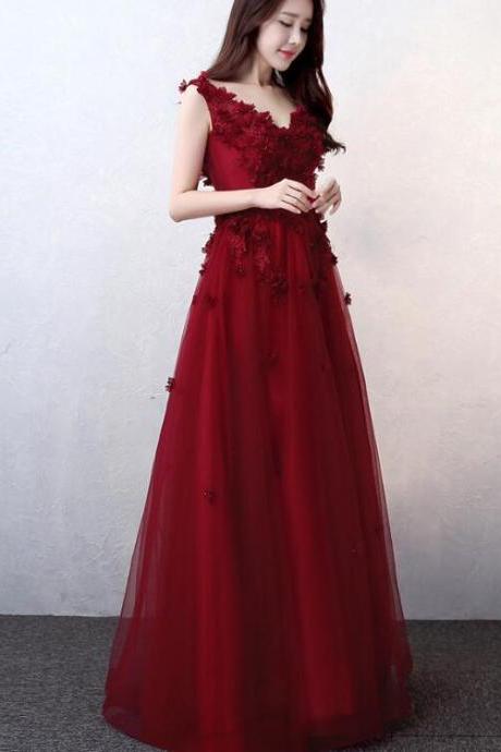 Beautiful Flowers And Lace Applique Wine Red Evening Gowns, Wine Red Formal Dress ,pl4503