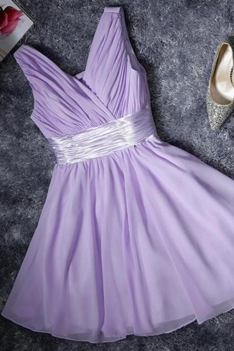 Chiffon Short V-neckline Lace-up Back Bridesmaid Dress, Simple Bridesmaid Dresses,pl4504
