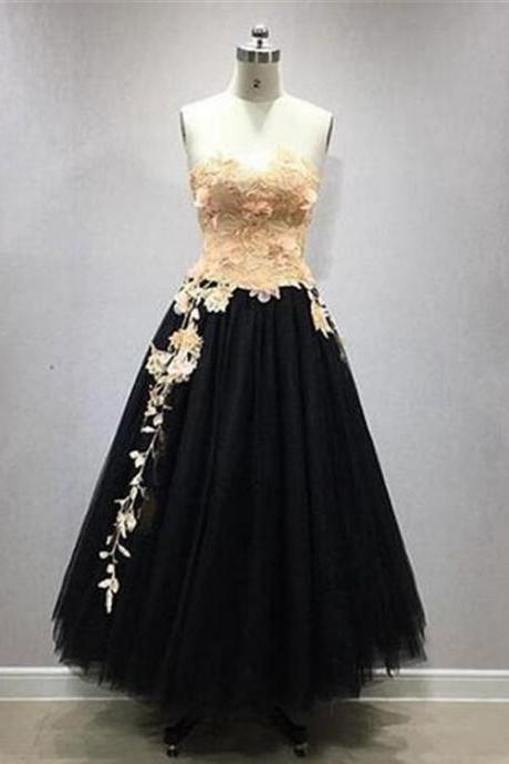 Vintage Lace And Tulle Party Dresses, Black Party Dresses, Floor Length Black Gown,pl4508
