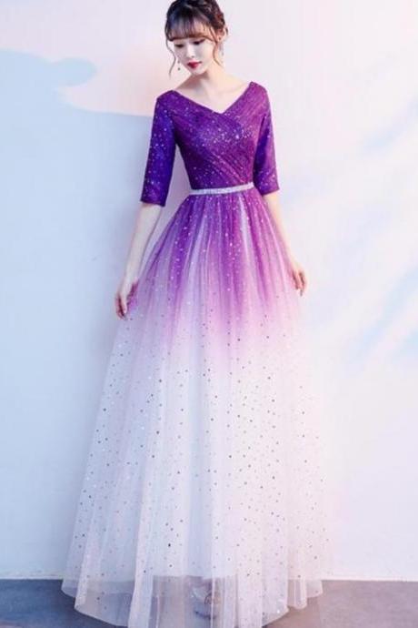 Gradient Purple And White V-neckline Short Sleeves Party Dresses, A-line Floor Length Bridesmaid Dress,pl4509