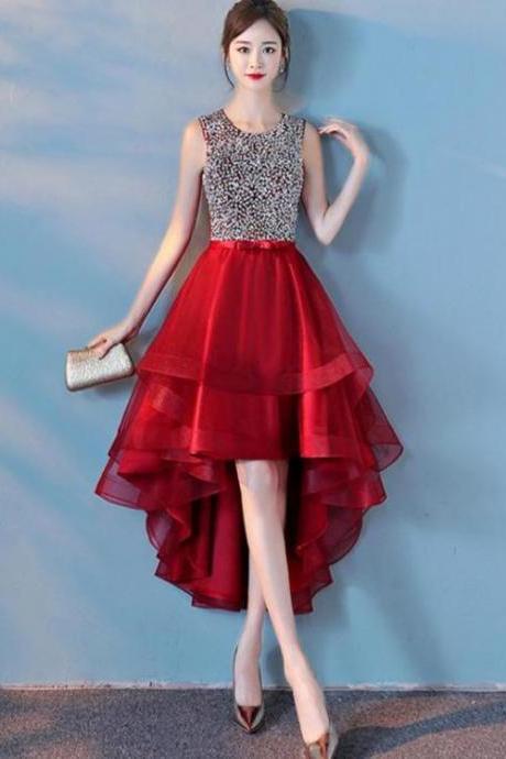 Wine Red Sequins Tulle High Low Round Neckline Party Dresses, Dark Red Homecoming Dresses,pl4510