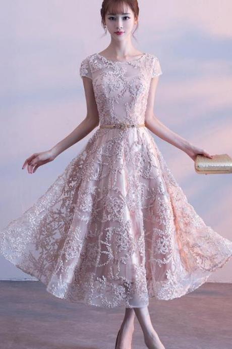 Cute Cap Sleeves Lace Tea Length Bridesmaid Dress, Lovely Bridesmaid Dress,pl4513