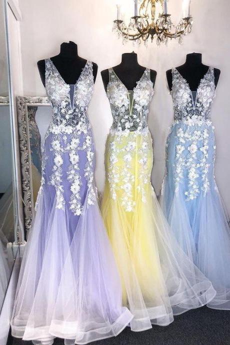 Mermaid Tulle Long Prom Dress With Appliques And Beading,pageant Dance Dresses,graduation School Party Gown,pl4517