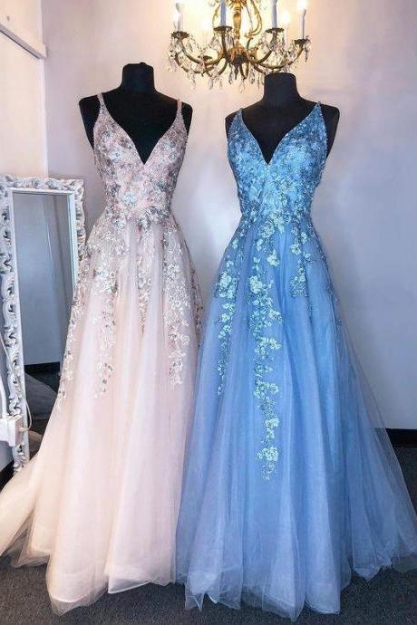 Tulle Long Prom Dress With Appliques And Beading,pageant Dance Dresses,graduation School Party Gown,pl4519
