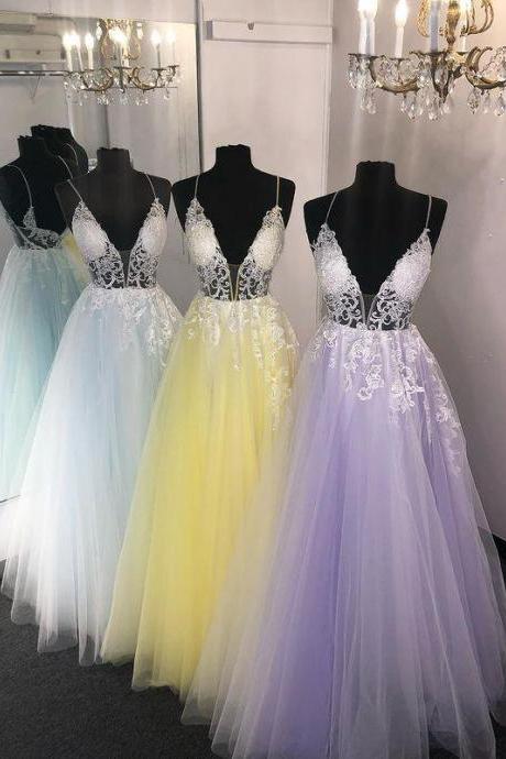 Tulle Long Prom Dress With Appliques,pageant Dance Dresses,graduation School Party Gown,pl4520
