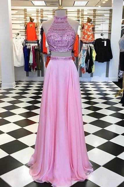 Two Pieces Long Prom Dresses With Beading,formal Dress,evening Dresses,pl4527