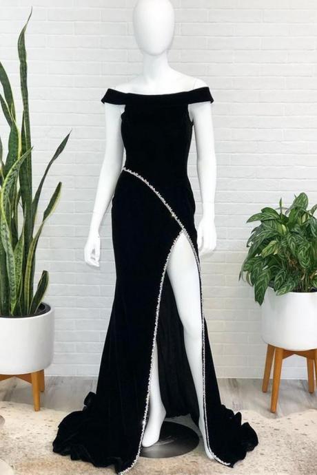 Black Long Prom Dresses with Beading,Popular Formal Dresses,PL4535