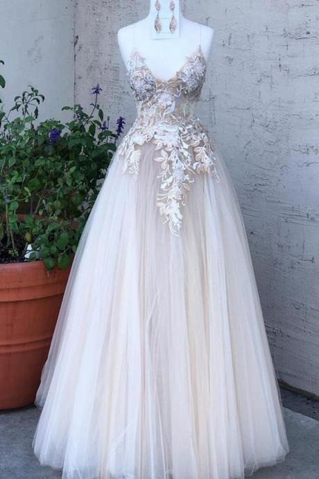 V-neck Tulle Long Prom Dresses with Appliques Popular Formal Dresses,PL4538