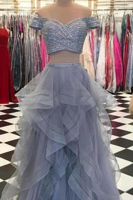 Two Pieces Long Prom Dresses with Beading,PL4567