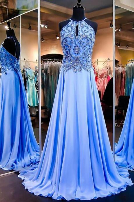 A-line Chiffon Long Prom Dresses with Beading,PL4569