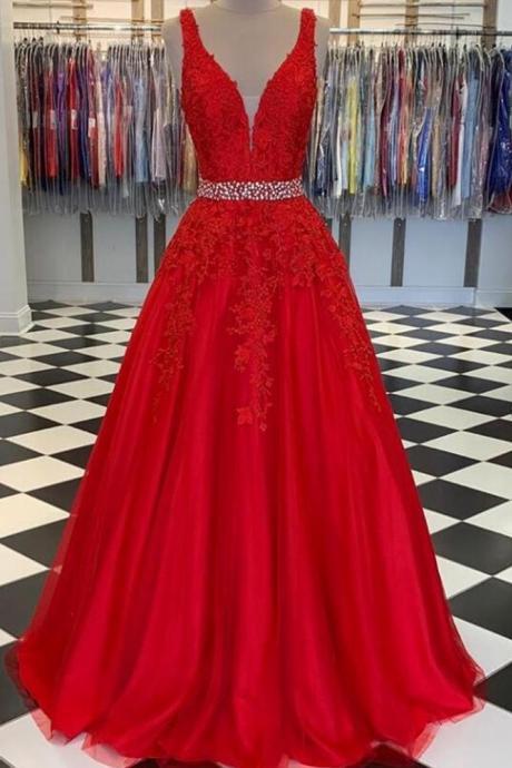 V-neck Tulle Long Prom Dresses with Appliques and Beading,PL4577